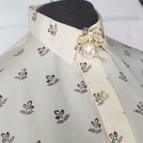 70s Vintage Beige Button Up Collar Brown Floral Print Shirt Size Small Medium - Picture 6 of 7